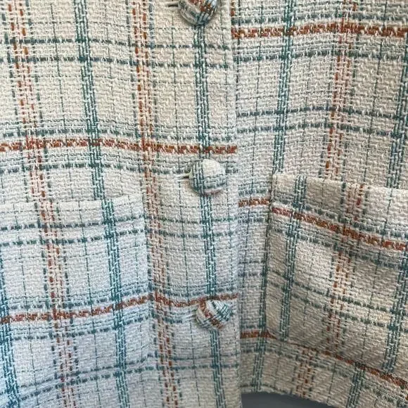 LC Lauren Conrad Tweed Blue White Rust Crop Jacket Blazer Size Large - Picture 3 of 10